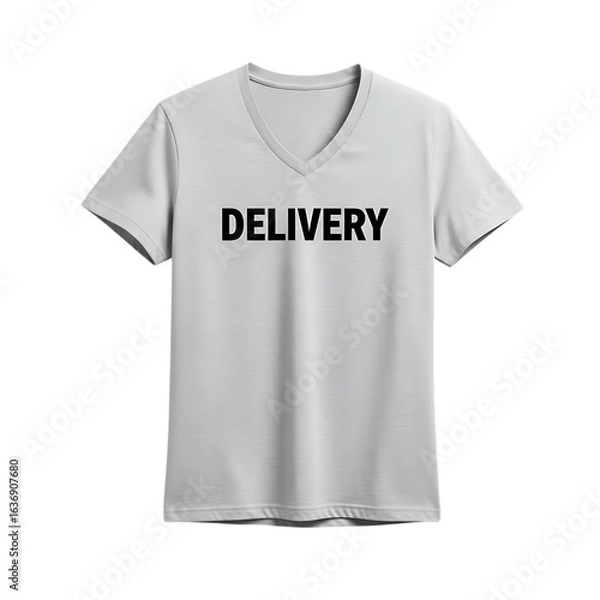 Fototapeta Grey vneck tshirt with black delivery text isolated on transparent background