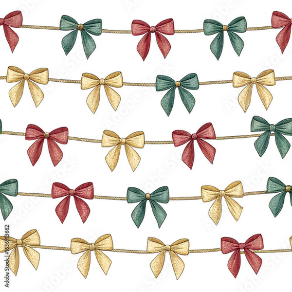 Fototapeta „Seamless pattern and matching horizontal garland composition of small bows strung on twine, alternating colors (cranberry, pine, gold), hand-drawn look with slight texture — perfect for header banner