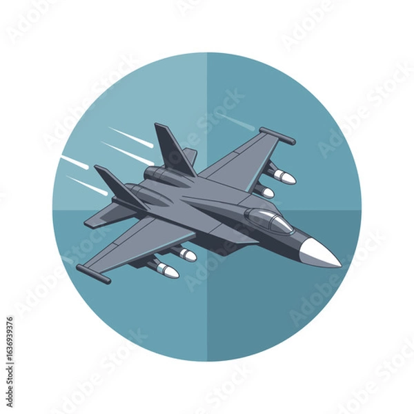 Fototapeta A dark fighter jet flies through a teal circle.