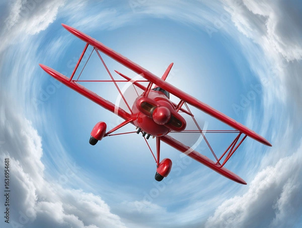 Obraz Red biplane soaring through a vivid blue sky surrounded by clouds