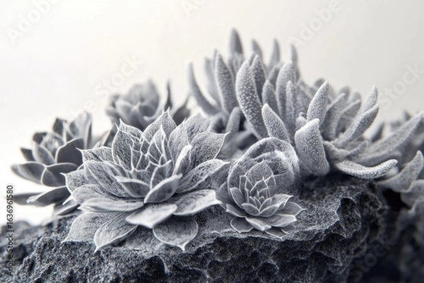 Fototapeta Monochromatic succulents cluster atop a textured rock, exhibiting intricate petal arrangements and a serene, nature-inspired composition.
