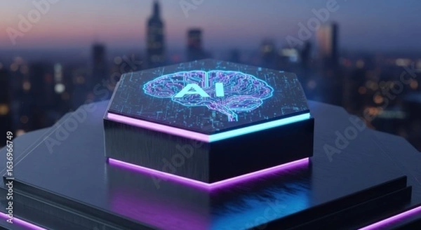 Fototapeta Futuristic AI brain symbol on a hexagonal platform over a city skyline