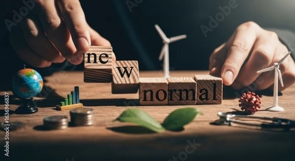 Fototapeta Hands arranging wooden blocks spelling "new normal" amidst miniature models of wind turbines, a globe, coins, and a graph