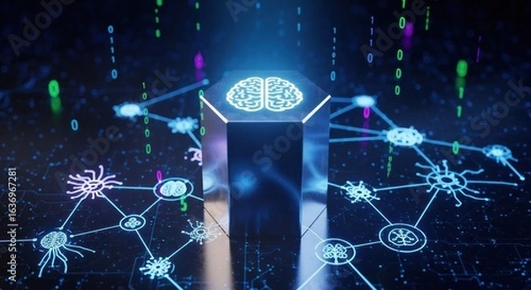 Fototapeta Hexagonal prism, brain symbol, digital network