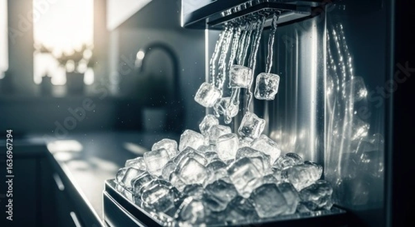 Fototapeta Ice cubes cascading from a stainless steel ice maker into a bin filled with ice. Sunlight streams in the background