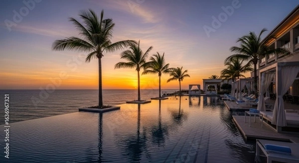 Fototapeta Infinity pool at sunset overlooking ocean. Palm trees line the clifftop edge
