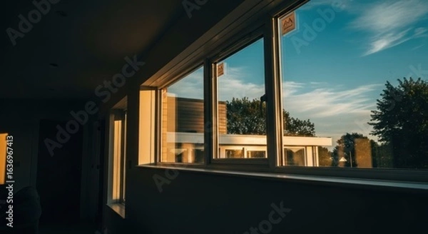 Fototapeta Interior view of a sun-drenched room.  Sunlight streams through large windows, revealing a tranquil exterior scene of trees and a pale-colored building