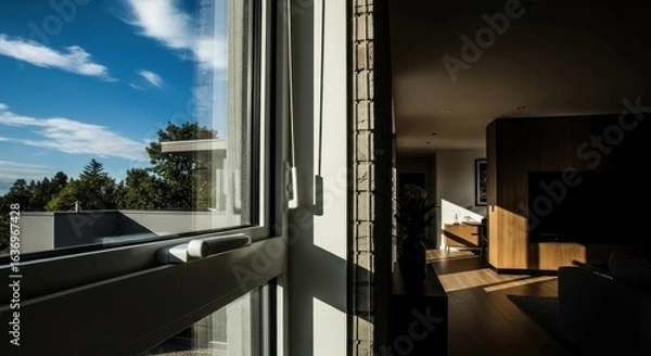 Fototapeta Interior view through a window. Sunlight streams into a modern home