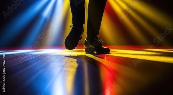 Fototapeta Low-angle view of a person's feet dancing in bright spotlights
