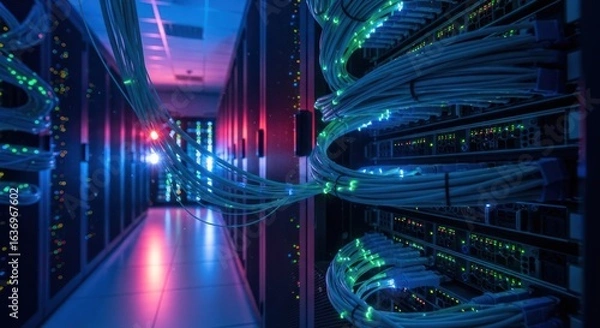 Fototapeta Interior of a server farm.  Network cables wind through racks.  Colored lights illuminate the equipment