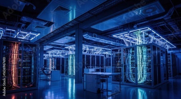 Fototapeta Interior of a massive server farm, lit by vibrant blue and pink hues.  Network cables crisscross the space, illuminating the metal racks