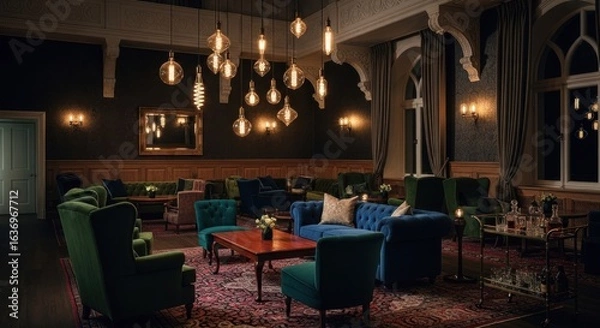 Fototapeta Grand, dimly lit lounge with rich fabrics and hanging lights