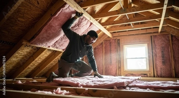 Fototapeta Man installing pink insulation in attic