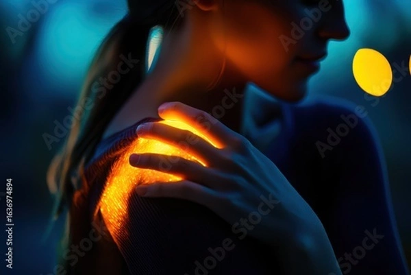 Fototapeta A woman gently rubbing her glowing shoulder, JPEG format, representing muscle care, self-soothing, or body positivity themes.