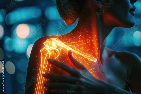 Fototapeta A woman gently rubbing her glowing shoulder, JPEG format, representing muscle care, self-soothing, or body positivity themes.