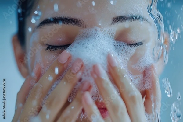 Fototapeta A woman washing her face with foam cleanser, JPEG format, symbolizing skincare routine and daily cleansing for beauty and wellness themes.