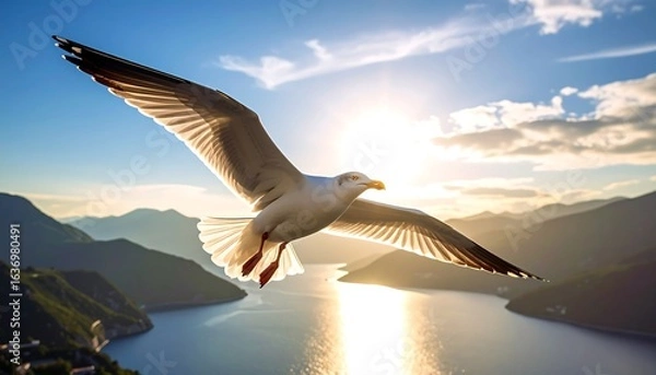Obraz Seagull soaring over lake at sunset