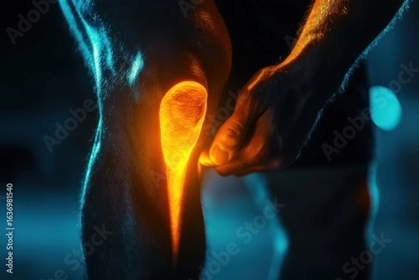 Fototapeta Close up of a man's glowing calf muscle with his hands massaging it,  ideal for sports recovery and muscle therapy concepts.