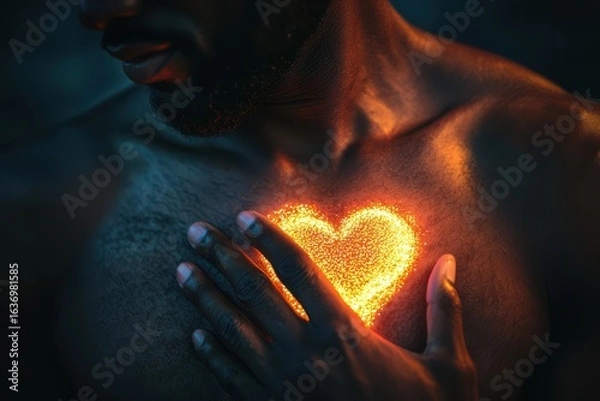 Fototapeta Close up of a man's glowing chest with his hand resting on it,  representing cardiovascular health and mindfulness.