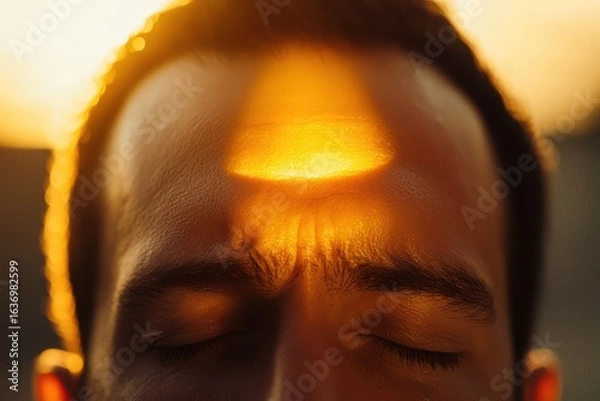 Fototapeta Close up of a man's glowing forehead with light focused on it,  for concepts like migraine relief or mental wellness.