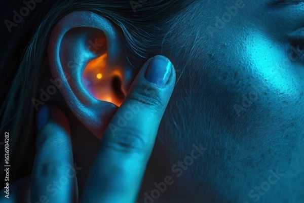 Fototapeta Close up of a woman's glowing ear with her fingers gently tracing its outline,  for calm, sound therapy, or wellness visuals.