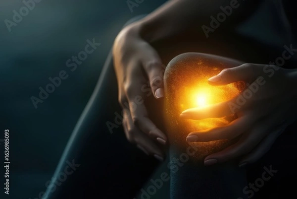 Fototapeta Close up of a woman's glowing knee being held by both hands, , ideal for wellness, pain relief, or joint care topics.