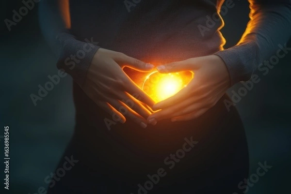 Fototapeta Close up of a woman's glowing liver area with her hand lit above it, , representing detox and internal health themes.