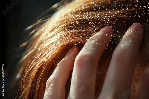 Fototapeta Close up of a woman's glowing scalp with fingertips gently touching,  themed around hair health and relaxation.
