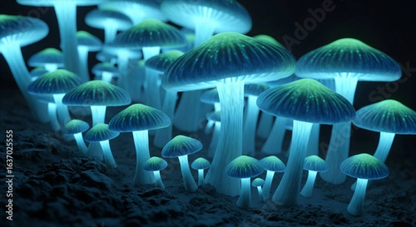 Fototapeta The Macro World: Surreal Bioluminescent Mushrooms.