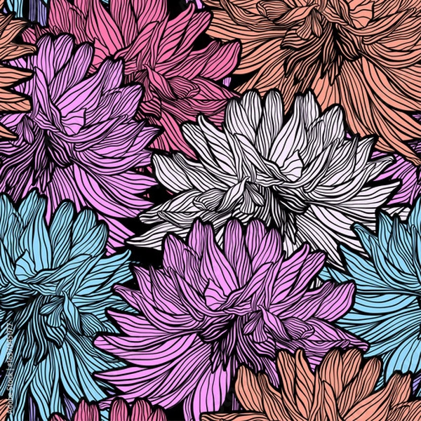 Fototapeta Colorful Line Drawing Wavy Dahlia Flowers Vector Seamless Pattern, Line Art Hand Drawn Elegant Wedding Backdrop, Summer Floral Waves Intricate Closeup Abstract Textile or Fabric Design