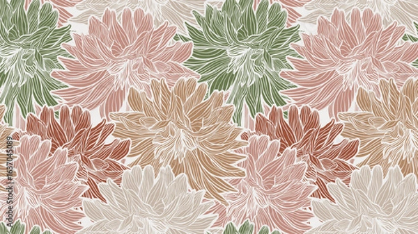 Fototapeta Aesthetic Line Drawing Wavy Dahlia Flowers Vector Seamless Pattern, Line Art Hand Drawn Elegant Wedding Backdrop, Summer Floral Waves Intricate Closeup Abstract Textile or Fabric Design