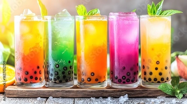 Fototapeta Refreshing Colorful Bubble Tea Drinks in Glasses