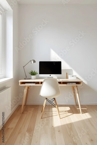 Obraz Minimalist home office interior with wooden desk, modern computer, white chair, and natural sunlight creating bright and clean workspace design for productivity and creativity