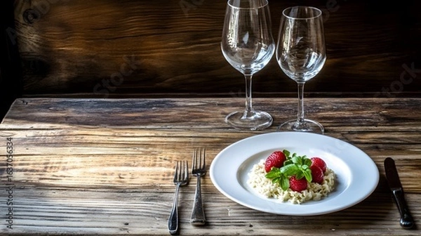 Fototapeta Romantic Dinner Table Setting with Risotto and Strawberries