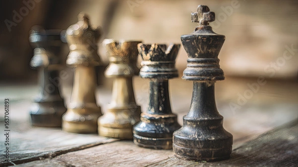 Fototapeta Chess pieces strategically placed on a weathered wooden table with warm vintage lighting.
