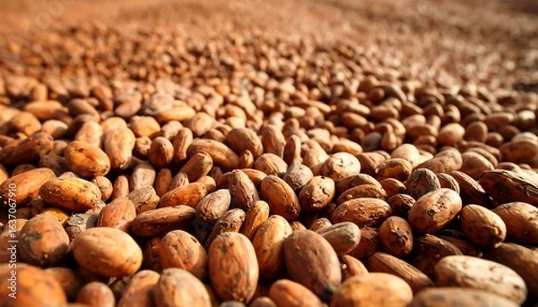 Fototapeta Cocoa beans spread out on a surface