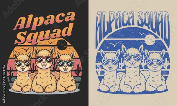 Obraz Funny Alpaca Squad With Sunglasses Retro Vintage T Shirt Design