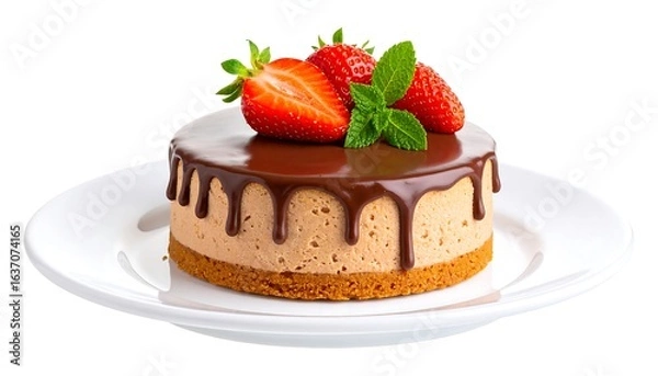 Obraz Delicious, round cheesecake topped with chocolate and strawberries