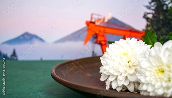 Fototapeta White chrysanthemums on a rustic plate, mountain backdrop