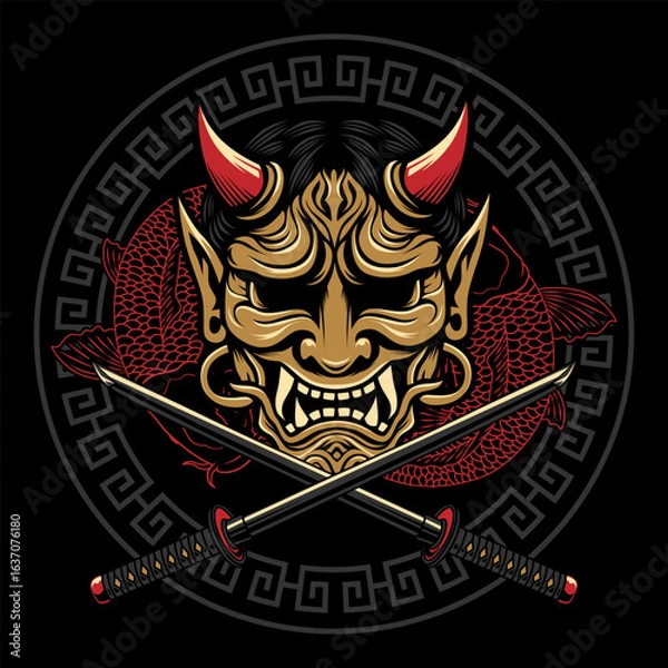 Fototapeta A detailed illustration of a red and gold Japanese Oni mask combined with a skull, framed by koi fish, crossed katana and a traditional geometric pattern