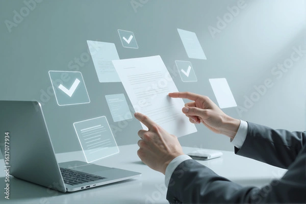 Fototapeta Business Professional Interacting with Digital Documents and Checklists