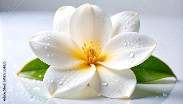 Fototapeta Close-up of a pristine white magnolia flower with dew drops