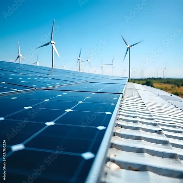 Obraz Renewable Energy: Solar Panels and Wind Turbines in Harmony