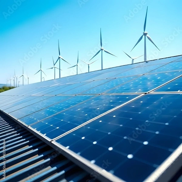 Obraz Green Technology: Solar Panels and Wind Turbines in Action