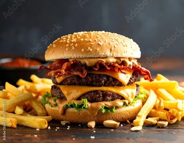 Fototapeta Double cheeseburger with bacon and peanut sauce