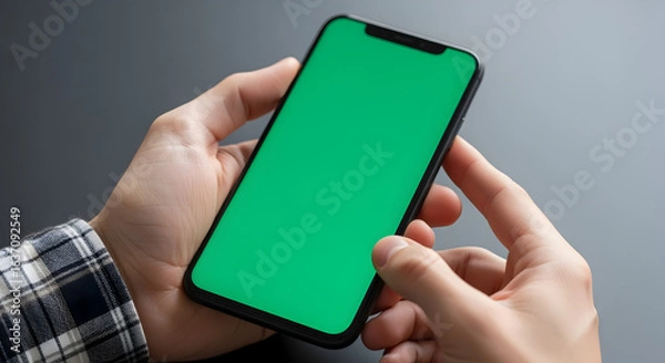 Obraz Person Holding Black Smartphone with Vivid Green Screen Against Gray Background