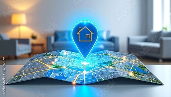 Obraz Digital map with glowing house icon pinpoint