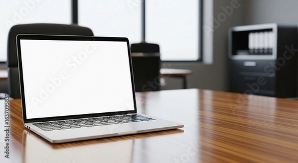 Fototapeta Front view of a laptop with a blank white screen on a wooden table in an office, with a blurred background.	