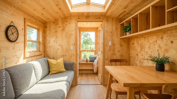 Fototapeta Cozy wood-paneled interior with a sofa, dining table, and skylights, featuring a bright and airy feel with natural light.