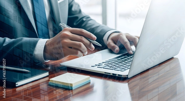 Fototapeta Person in Blue Suit Typing on Laptop at Wooden Desk with Accessories in Bright Office